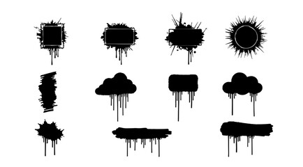 A set of diverse black ink splash and drip graphic elements, including abstract shapes, borders, and cloudlike forms, isolated on a white background