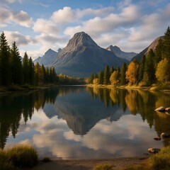 Obraz premium Majestic Autumn Reflections in a Mountain Lake at Sunrise