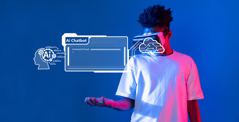 A young person engages with a virtual reality headset, interacting with an AI chatbot interface, set against a vibrant blue background, showcasing technology potential. XDMCP
