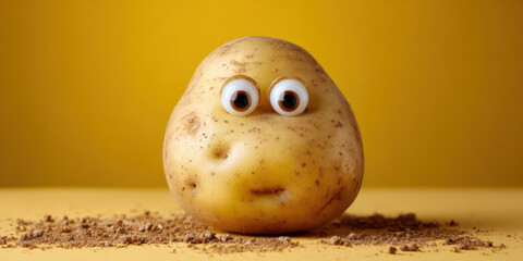 Heroic potato with big eyes and eyebrows on yellow background