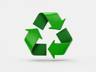 Obraz premium A glossy 3D recycling symbol in bright green with subtle reflections is set against a plain white background. It signifies reuse, sustainability, and environmental care.