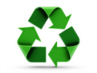 Obraz premium A 3D recycling symbol in bright green with sharp, angular features is set against a white background. It signifies environmental responsibility, reuse, and a circular economy.