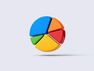 A 3D pie chart with five brightly colored, separated segments (blue, orange, red, yellow, green). It represents data, statistics, analysis, and market share.