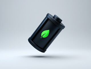 A cylindrical black battery floats in mid-air, featuring a bright green leaf symbol. It represents clean energy, rechargeable batteries, and sustainable technology.