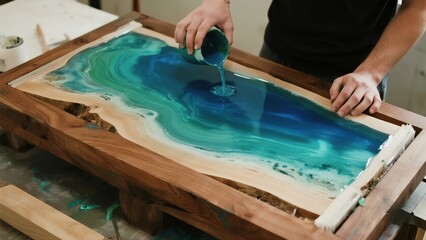 A craftsman pours blue-green resin into the gap between two wood slabs to create a river table. It highlights woodworking, resin art, and contemporary furniture design.