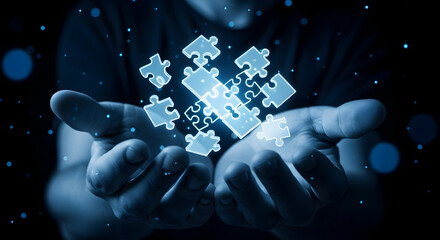 Human hands gently present glowing digital puzzle pieces against a dark, futuristic background.