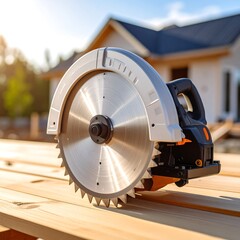 Close-up of circular saw on wooden planks
