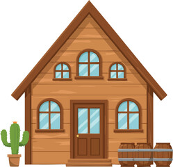 Obraz premium Wooden house with brown barrels and cactus plant vector illustration in rustic style 