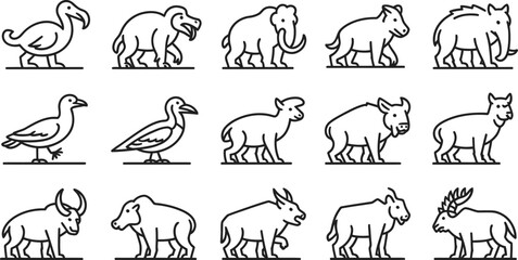 Fototapeta premium Collection of extinct and existing animals in a simple line drawing style