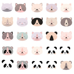 A funny set of cartoon animal faces, including a dog, cat, pig, rabbit, panda, and lion vector illustration
