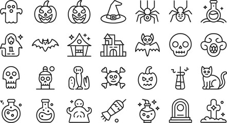 Collection of halloween icons in a simple outline style