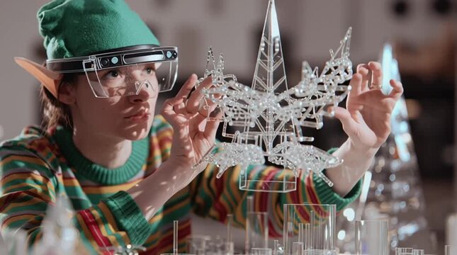 Christmas elf in a clean, modern workshop assembles a floating 3D holographic model of a futuristic toy using augmented reality glasses, blending holiday magic with advanced technology.
