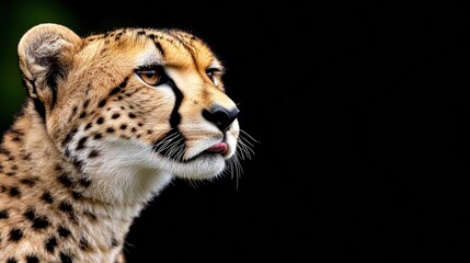 Dangerous cheetah licking mouth with shadow in darkness