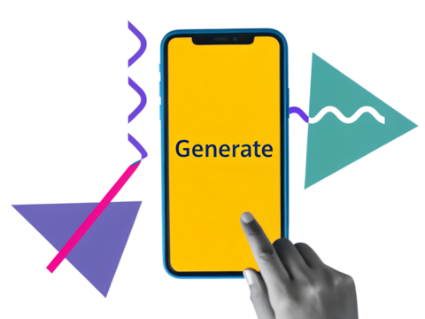 Black and white hand push the button with a text Generate on a phone screen. Using of a artificial intelligence. Modern collage style. Illustration on transparent background - Powered by Adobe