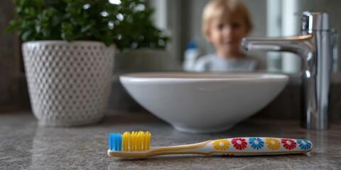 childrens dental care, a lively childrens toothbrush with a cartoon design takes center stage while a child happily brushes teeth in a softly lit, bright bathroom
