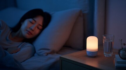 Woman Sleeping Beside Nightstand Lamp in Bedroom