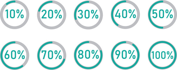 Minimalist Circular Progress Bar Icon Set Showing 10 to 100 Percent Completion with Teal Highlight on a Grey Circular Background, Ideal for User Interface Design, Dashboards, Data Visualization, and I