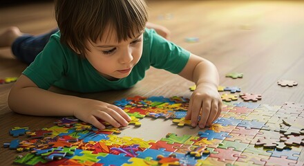 Child Solving Colorful Jigsaw Puzzle on Wooden Floor, Learning, Focus and Cognitive Development in Early Childhood