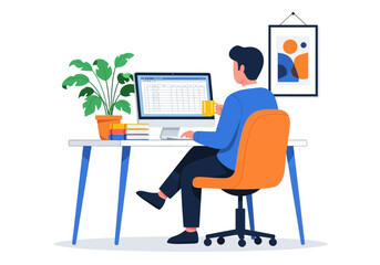 Man working at a desk with a computer, holding a mug of coffee, with a plant and books on the desk, in a home office setting