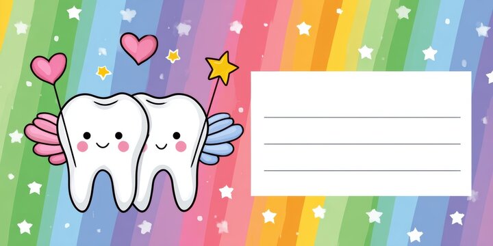 tooth fairy postcard, cheerful postcard design for national tooth fairy day with cute tooth characters, magical elements, and space for personalized messages professional childrens stationery