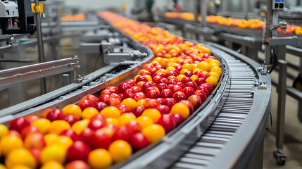 Multilevel conveyor transporting sealed fruit trays, automated packing process