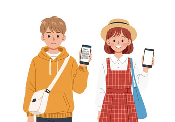 Young couple, man and woman, holding smartphones and looking at the camera, wearing fashionable clothes, isolated on white background