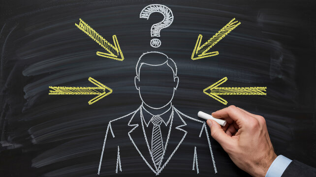 Facing business choices, decision-making illustration with arrows pointing to faceless businessman and question mark, strategy and directions concept