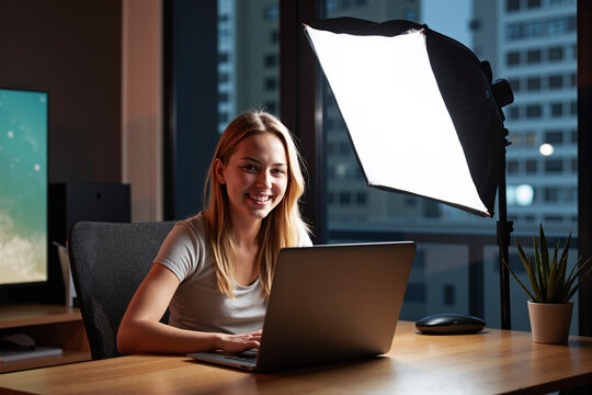 Smiling female content creator working on laptop in modern home office with professional lighting setup and urban cityscape background, representing digital entrepreneurship and remote work lifestyle
