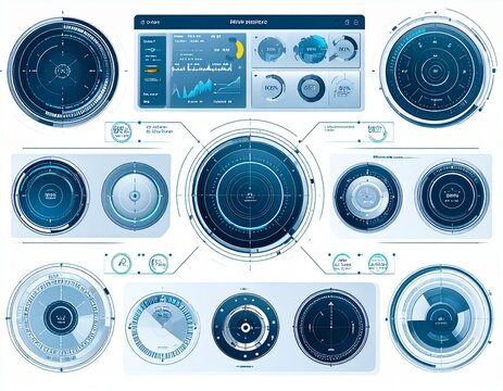 A collection of futuristic digital user interface elements, including radar screens, data visualizations, and control panels, rendered in shades of blue and white.