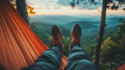 Solo backpacker sipping coffee in hammock, peaceful slow travel lifestyle