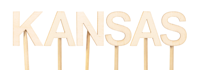 Kansas in rustic wooden letters, clean design ideal for educational content, themed decorations, or illustrated maps of the US