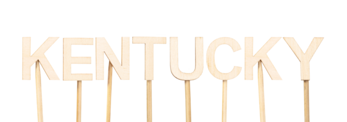 State name Kentucky represented with individual wooden letters, perfect for school crafts, geographical decoration, or themed graphic design
