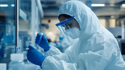 Technician taking surface swab samples for microbial testing in clean zone