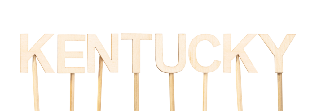 State name Kentucky represented with individual wooden letters, perfect for school crafts, geographical decoration, or themed graphic design