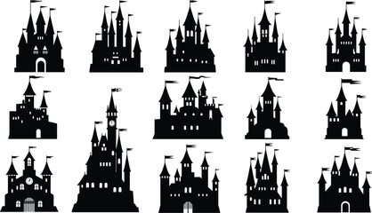 Naklejka premium Medieval castle silhouettes collection, black fortress icons, fairytale palace designs, vector illustration of historic architecture, fantasy kingdom buildings, isolated set