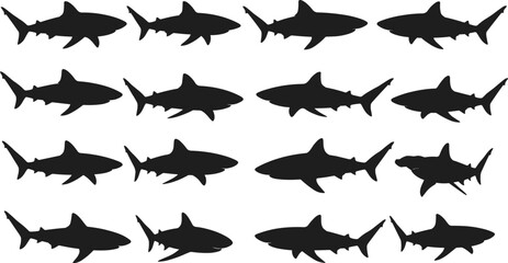 Shark silhouette collection featuring multiple swimming positions, marine predator set, underwater wildlife illustration, black flat ocean animal vector design