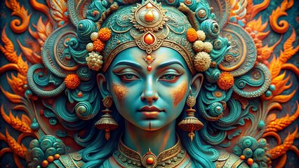 Fototapeta premium Intricate portrait of a divine goddess with turquoise skin and ornate headdress
