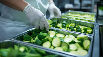 Worker in clean uniform placing zucchini into labeled food trays