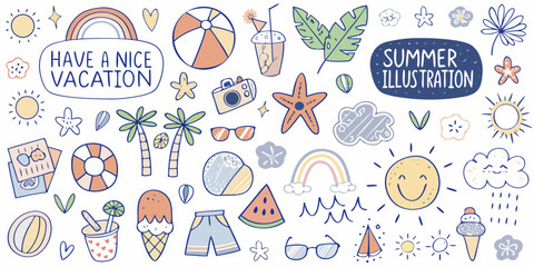 Whimsical summer vacation doodle collection with sunny vibes