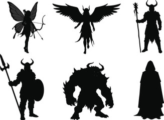 Fantasy warrior and creature silhouettes including fairy archer, winged demon, armored knight, mythical beast, mysterious hooded figure, black vector illustration