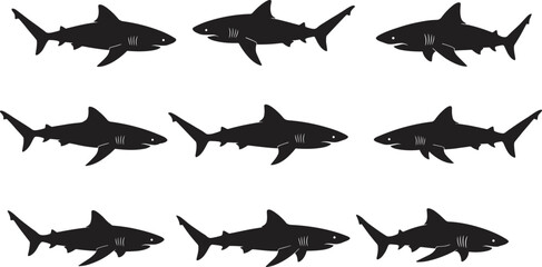 Shark silhouette pattern, repeated marine predator vector illustration, black sea animal design for decoration, seamless ocean wildlife artwork