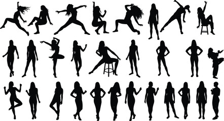Silhouette of women in various dancing, standing, and posing positions, isolated black vector illustration for design, fashion, and creative art projects
