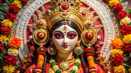 Fototapeta premium Beautifully decorated hindu goddess durga idol surrounded by flowers