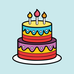 Colorful two tiered cake with candles on a light blue background