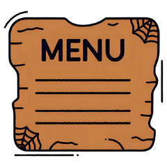 A rustic wooden menu board with the word "MENU" and space for text, decorated with spiderwebs.