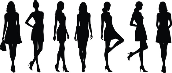 Silhouettes of stylish women in fashionable dresses and high heels, various poses, elegance and beauty concept, vector isolated design