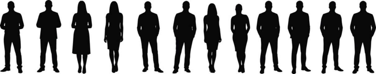 Silhouettes of diverse men and women standing in a row, business professionals, teamwork concept, corporate group, vector illustration isolated