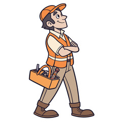Cartoon Construction Worker with Cheerful Expression Stands Confidently with Arms Crossed Ready for any Building Project or Task