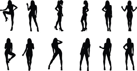 Collection of female model silhouette poses in fashion standing and dancing positions for design, vector illustration, modeling, style, and creativity