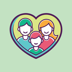 Colorful illustration of a happy family within a heart shape on light background